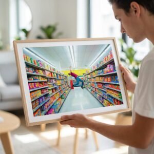 Photographie d'une figure humaine en suspension horizontale au centre d'un environnement commercial symétrique. L'image se concentre sur la désarticulation des membres et la saturation chromatique des produits de grande consommation.