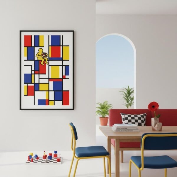 Imaginez un monde où la géométrie pure de l'abstraction rencontre soudainement l'énergie vibrante des rues de Manhattan. Une silhouette solitaire s'assoit sur une ligne d'horizon noire pour tenter de résoudre l'énigme d'un cube coloré. Dans ce labyrinthe de lignes et de couleurs primaires, chaque mouvement devient une danse poétique entre la raison et l'imaginaire.