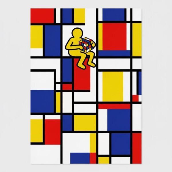 Imaginez un monde où la géométrie pure de l'abstraction rencontre soudainement l'énergie vibrante des rues de Manhattan. Une silhouette solitaire s'assoit sur une ligne d'horizon noire pour tenter de résoudre l'énigme d'un cube coloré. Dans ce labyrinthe de lignes et de couleurs primaires, chaque mouvement devient une danse poétique entre la raison et l'imaginaire.