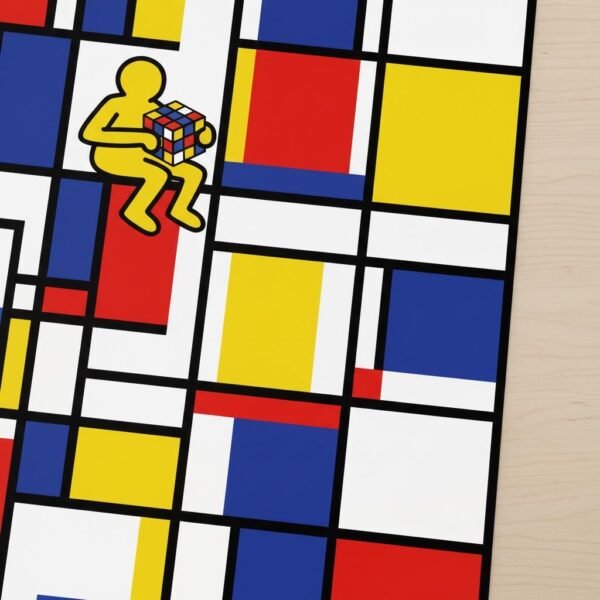 Imaginez un monde où la géométrie pure de l'abstraction rencontre soudainement l'énergie vibrante des rues de Manhattan. Une silhouette solitaire s'assoit sur une ligne d'horizon noire pour tenter de résoudre l'énigme d'un cube coloré. Dans ce labyrinthe de lignes et de couleurs primaires, chaque mouvement devient une danse poétique entre la raison et l'imaginaire.