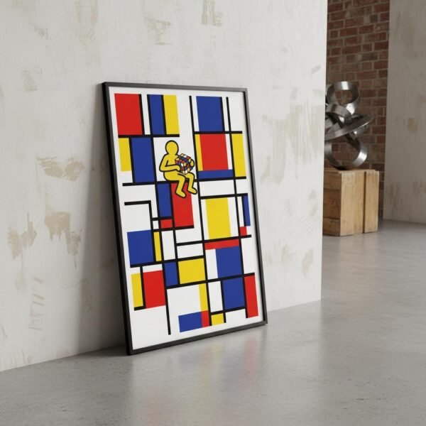 Imaginez un monde où la géométrie pure de l'abstraction rencontre soudainement l'énergie vibrante des rues de Manhattan. Une silhouette solitaire s'assoit sur une ligne d'horizon noire pour tenter de résoudre l'énigme d'un cube coloré. Dans ce labyrinthe de lignes et de couleurs primaires, chaque mouvement devient une danse poétique entre la raison et l'imaginaire.