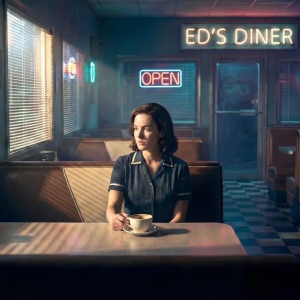 Sous le néon vacillant d'un diner désert, une femme s'égare dans les reflets sombres de son café tandis que le monde extérieur s'efface derrière les persiennes. L'heure est au bilan ou à l'attente, dans ce sanctuaire urbain où chaque ombre semble porter le poids d'un secret non formulé au milieu de la nuit.