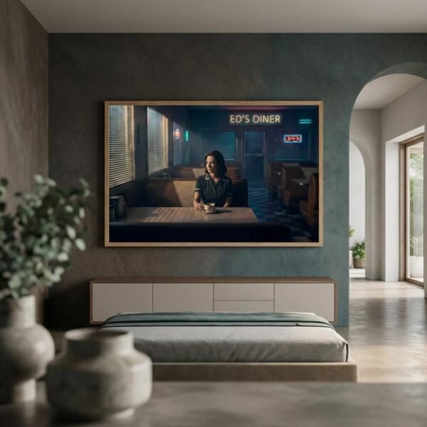 Sous le néon vacillant d'un diner désert, une femme s'égare dans les reflets sombres de son café tandis que le monde extérieur s'efface derrière les persiennes. L'heure est au bilan ou à l'attente, dans ce sanctuaire urbain où chaque ombre semble porter le poids d'un secret non formulé au milieu de la nuit.