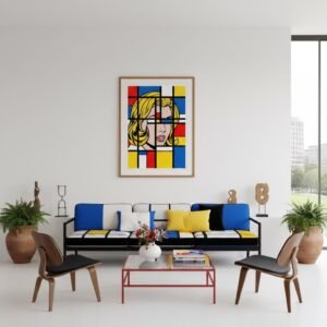 Imaginez un instant où la ligne de force de Mondrian rencontre le regard mélancolique d'une héroïne de papier. Dans ce labyrinthe de noir et de couleurs primaires, le visage s'efface pour devenir pure structure. C'est une invitation à redécouvrir l'ordre caché derrière l'émotion, un voyage chromatique au cœur de l'abstraction figurative.