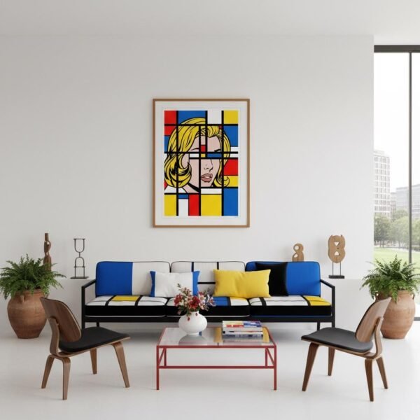 Imaginez un instant où la ligne de force de Mondrian rencontre le regard mélancolique d'une héroïne de papier. Dans ce labyrinthe de noir et de couleurs primaires, le visage s'efface pour devenir pure structure. C'est une invitation à redécouvrir l'ordre caché derrière l'émotion, un voyage chromatique au cœur de l'abstraction figurative.