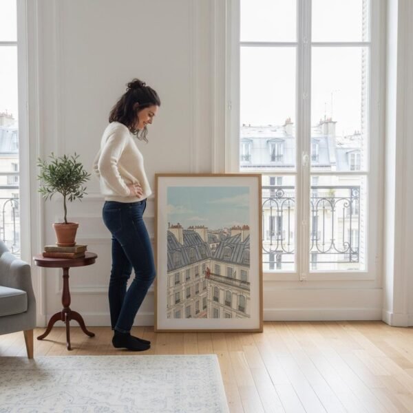 Perchée sur son balcon de pierre au-dessus du tumulte de Paris, une silhouette écarlate s’évade à travers les pages d'un livre. Entre les toits de zinc et l'horizon pâle, le temps semble s'être arrêté pour cette lectrice solitaire. Plongez dans cette parenthèse suspendue où l'architecture monumentale devient l'écrin d'une pensée secrète et poétique.