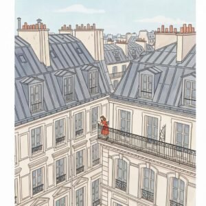 Perchée sur son balcon de pierre au-dessus du tumulte de Paris, une silhouette écarlate s’évade à travers les pages d'un livre. Entre les toits de zinc et l'horizon pâle, le temps semble s'être arrêté pour cette lectrice solitaire. Plongez dans cette parenthèse suspendue où l'architecture monumentale devient l'écrin d'une pensée secrète et poétique.