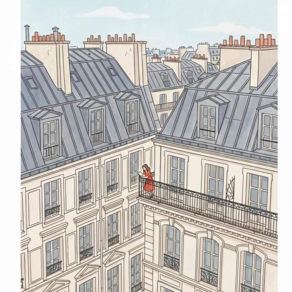 Perchée sur son balcon de pierre au-dessus du tumulte de Paris, une silhouette écarlate s’évade à travers les pages d'un livre. Entre les toits de zinc et l'horizon pâle, le temps semble s'être arrêté pour cette lectrice solitaire. Plongez dans cette parenthèse suspendue où l'architecture monumentale devient l'écrin d'une pensée secrète et poétique.
