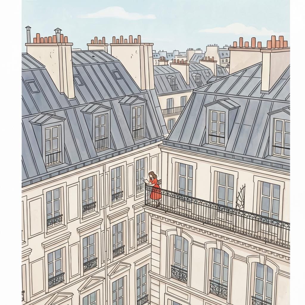 Perchée sur son balcon de pierre au-dessus du tumulte de Paris, une silhouette écarlate s’évade à travers les pages d
