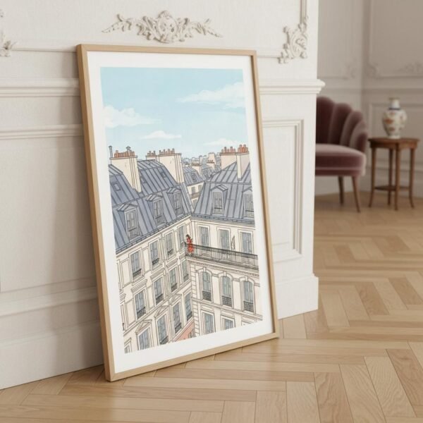 Perchée sur son balcon de pierre au-dessus du tumulte de Paris, une silhouette écarlate s’évade à travers les pages d'un livre. Entre les toits de zinc et l'horizon pâle, le temps semble s'être arrêté pour cette lectrice solitaire. Plongez dans cette parenthèse suspendue où l'architecture monumentale devient l'écrin d'une pensée secrète et poétique.