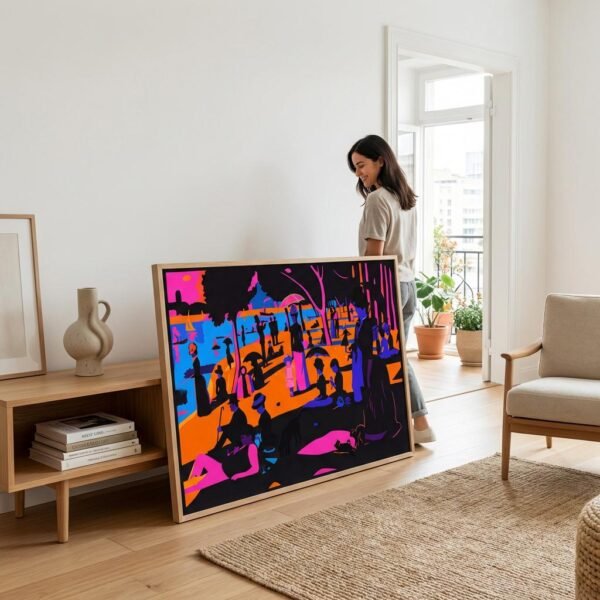 Sous un ciel de néon, les promeneurs de la Seine se figent dans une éternité de couleurs électriques. Imaginez un dimanche à Paris où le temps s'arrête, transformant chaque silhouette en une estampe mystérieuse. Entre tradition et modernité, cette scène invite à une déambulation onirique au cœur d'un jardin de lumière artificielle et de formes audacieuses.