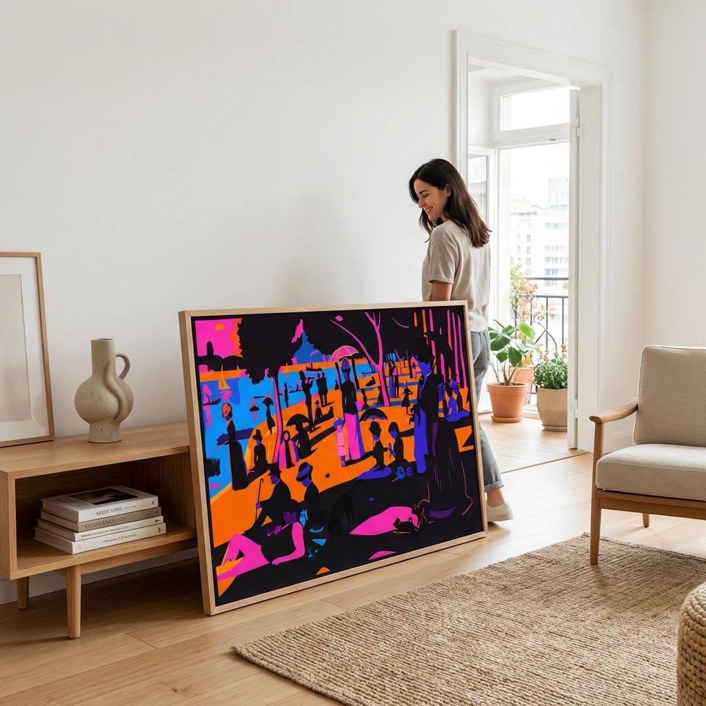 Sous un ciel de néon, les promeneurs de la Seine se figent dans une éternité de couleurs électriques. Imaginez un dimanche à Paris où le temps s
