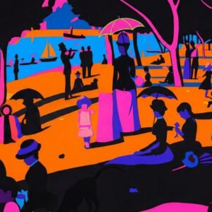 Sous un ciel de néon, les promeneurs de la Seine se figent dans une éternité de couleurs électriques. Imaginez un dimanche à Paris où le temps s'arrête, transformant chaque silhouette en une estampe mystérieuse. Entre tradition et modernité, cette scène invite à une déambulation onirique au cœur d'un jardin de lumière artificielle et de formes audacieuses.