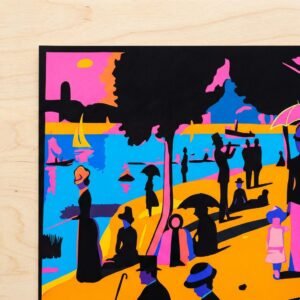 Sous un ciel de néon, les promeneurs de la Seine se figent dans une éternité de couleurs électriques. Imaginez un dimanche à Paris où le temps s'arrête, transformant chaque silhouette en une estampe mystérieuse. Entre tradition et modernité, cette scène invite à une déambulation onirique au cœur d'un jardin de lumière artificielle et de formes audacieuses.