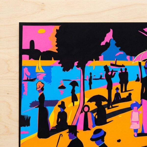 Sous un ciel de néon, les promeneurs de la Seine se figent dans une éternité de couleurs électriques. Imaginez un dimanche à Paris où le temps s'arrête, transformant chaque silhouette en une estampe mystérieuse. Entre tradition et modernité, cette scène invite à une déambulation onirique au cœur d'un jardin de lumière artificielle et de formes audacieuses.