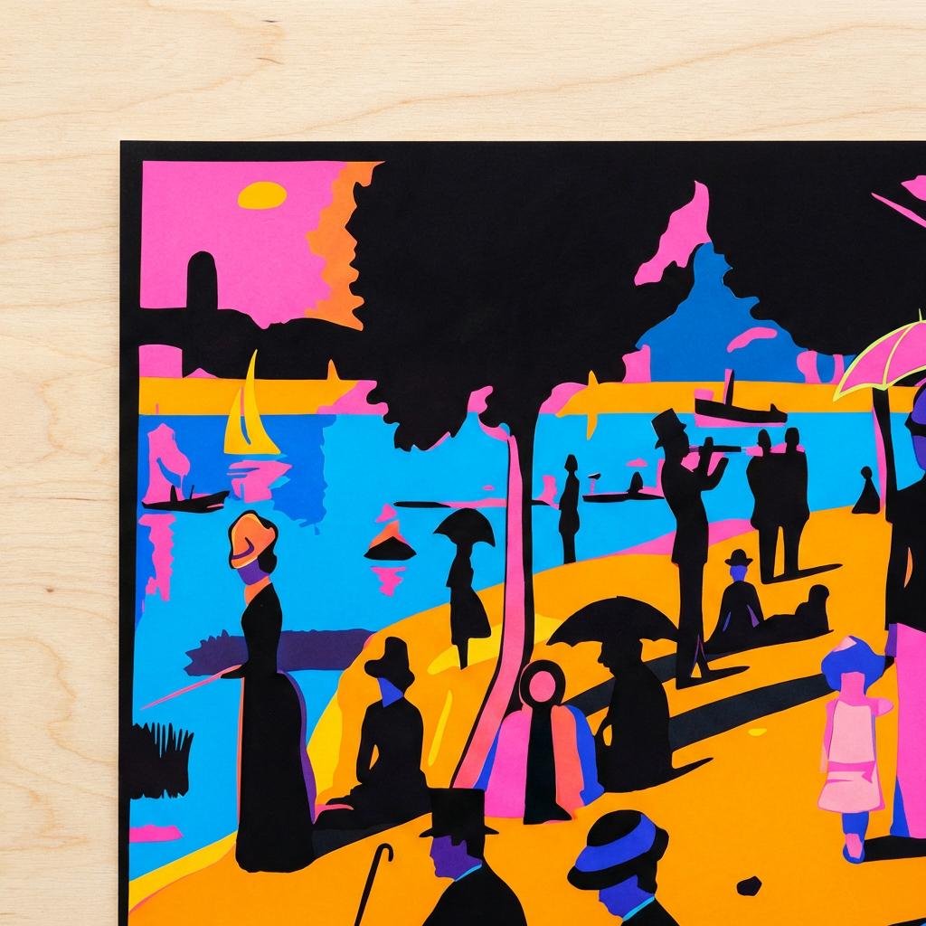 Sous un ciel de néon, les promeneurs de la Seine se figent dans une éternité de couleurs électriques. Imaginez un dimanche à Paris où le temps s