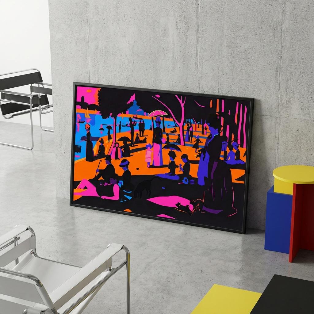 Sous un ciel de néon, les promeneurs de la Seine se figent dans une éternité de couleurs électriques. Imaginez un dimanche à Paris où le temps s