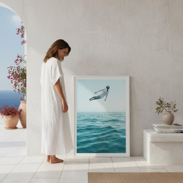 Imaginez un instant où la gravité abdique devant la course du soleil. Un homme, vêtu d'un lin immaculé, défie les lois de la physique pour se figer au-dessus d'un miroir d'azur. C'est ici que le tumulte de l'océan devient une prière silencieuse, invitant votre esprit à une dérive onirique et souveraine.