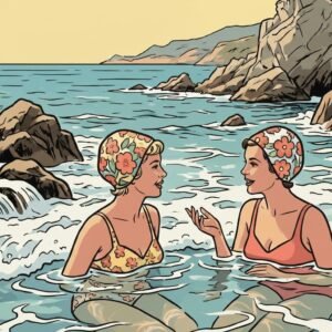 Sous le soleil de plomb de la Côte d'Azur, deux élégantes s'immergent dans l'écume d'une crique secrète. Leurs bonnets à fleurs bravent les vagues tandis qu'un secret s'échange entre les rochers escarpés. Revivez l'élégance intemporelle d'un été 1962, où le temps semble suspendu dans l'eau cristalline de la Méditerranée sauvage.