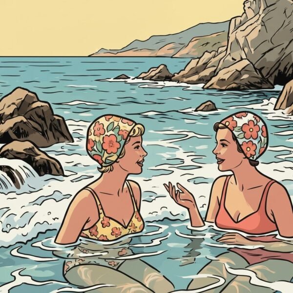 Sous le soleil de plomb de la Côte d'Azur, deux élégantes s'immergent dans l'écume d'une crique secrète. Leurs bonnets à fleurs bravent les vagues tandis qu'un secret s'échange entre les rochers escarpés. Revivez l'élégance intemporelle d'un été 1962, où le temps semble suspendu dans l'eau cristalline de la Méditerranée sauvage.