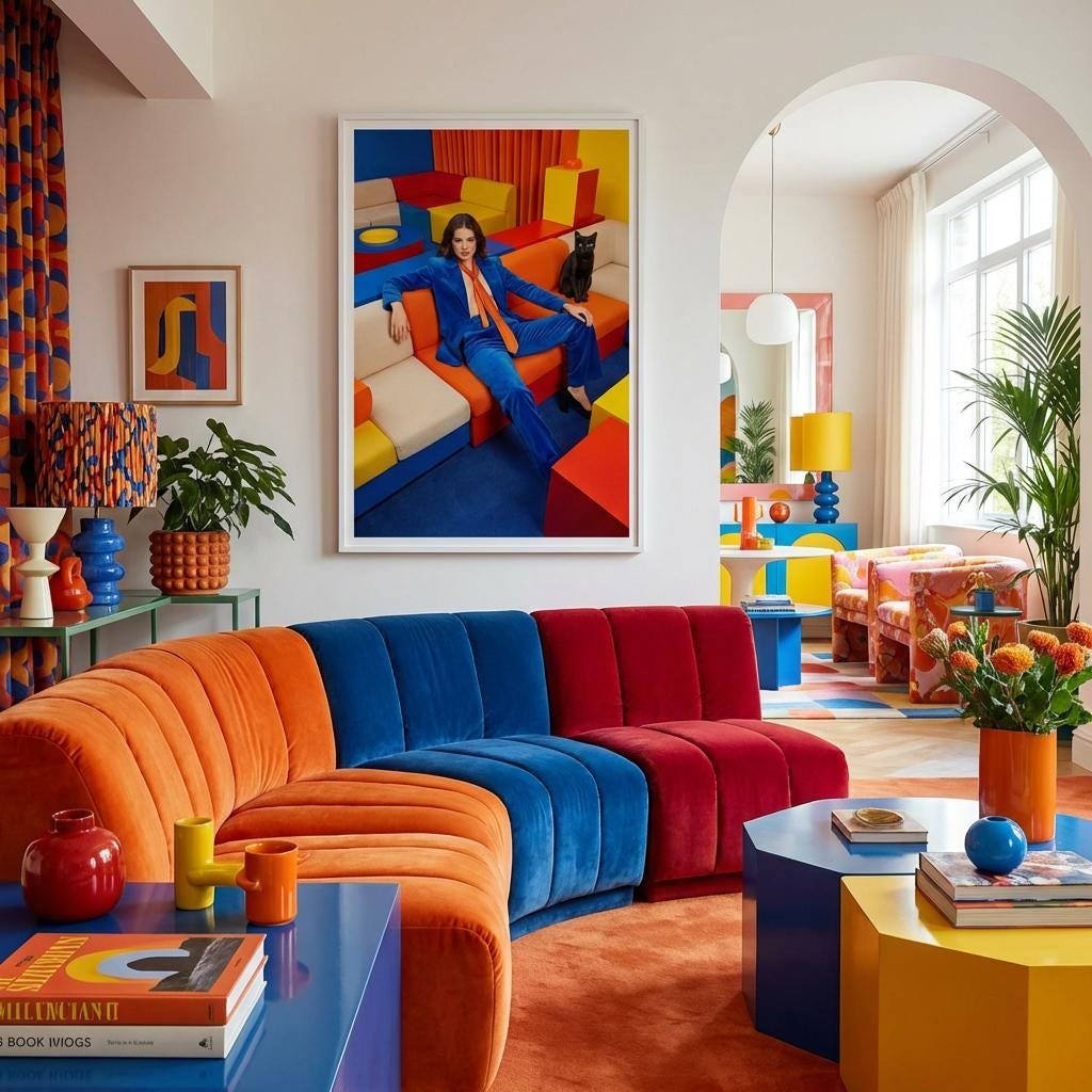 Dans une pièce où chaque couleur semble avoir été choisie comme un argument, une femme s