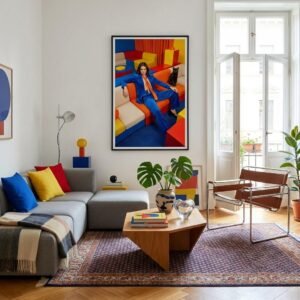 Dans une pièce où chaque couleur semble avoir été choisie comme un argument, une femme s'étale avec l'assurance tranquille de quelqu'un qui n'a plus rien à prouver. À ses côtés, un chat noir observe. L'espace autour d'elle n'est pas un décor — c'est un manifeste silencieux.