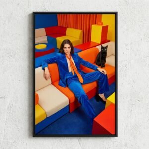 Dans une pièce où chaque couleur semble avoir été choisie comme un argument, une femme s'étale avec l'assurance tranquille de quelqu'un qui n'a plus rien à prouver. À ses côtés, un chat noir observe. L'espace autour d'elle n'est pas un décor — c'est un manifeste silencieux.