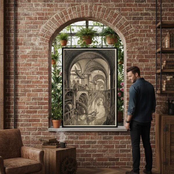 Sous des voûtes de pierre millénaire, une cité respire. Des voiles glissent sur un canal intérieur, des biplans frôlent les arcs de tuf, et d'immenses engrenages rythment une mécanique sans ciel. Ici, la machine est le monde, et le monde est une machine qui s'ignore.