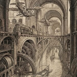 Sous des voûtes de pierre millénaire, une cité respire. Des voiles glissent sur un canal intérieur, des biplans frôlent les arcs de tuf, et d'immenses engrenages rythment une mécanique sans ciel. Ici, la machine est le monde, et le monde est une machine qui s'ignore.