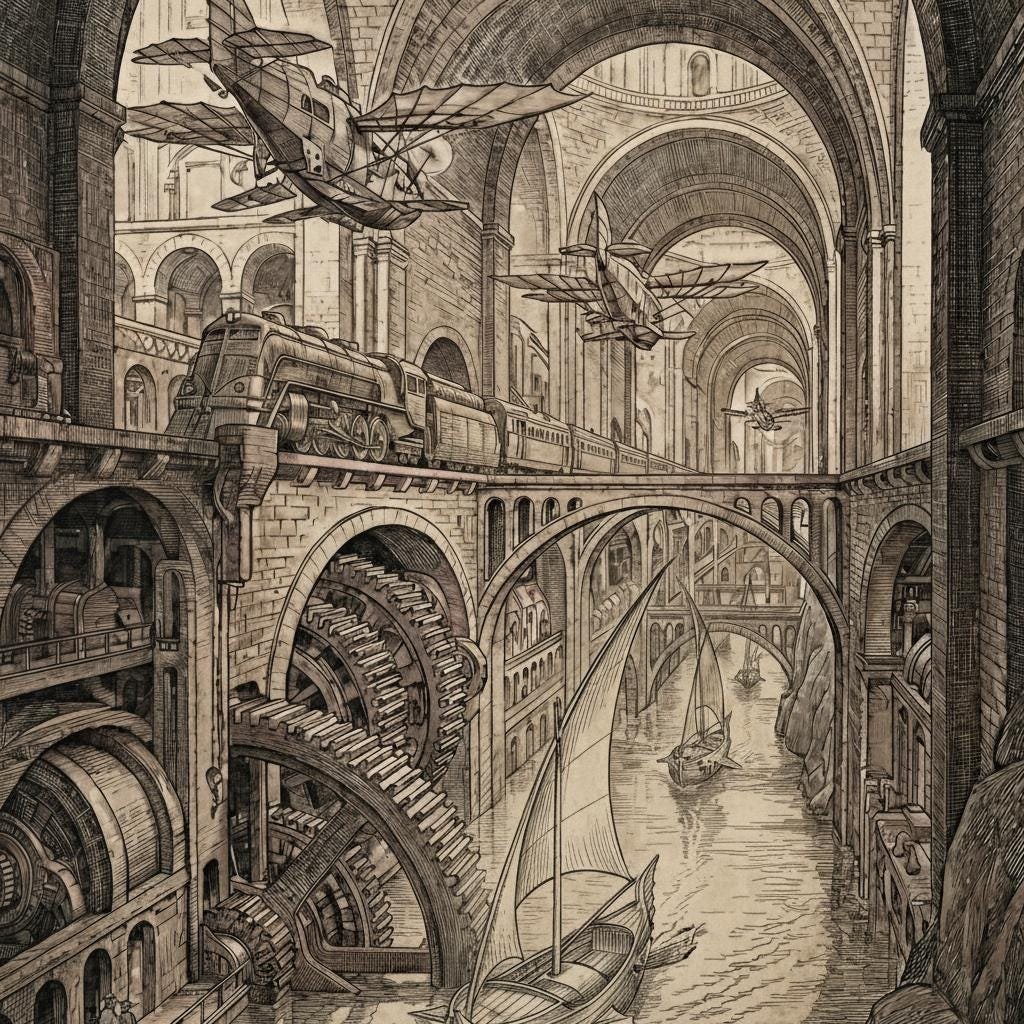 Sous des voûtes de pierre millénaire, une cité respire. Des voiles glissent sur un canal intérieur, des biplans frôlent les arcs de tuf, et d