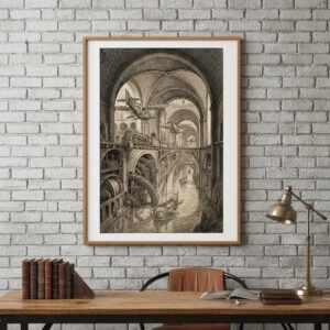 Sous des voûtes de pierre millénaire, une cité respire. Des voiles glissent sur un canal intérieur, des biplans frôlent les arcs de tuf, et d'immenses engrenages rythment une mécanique sans ciel. Ici, la machine est le monde, et le monde est une machine qui s'ignore.