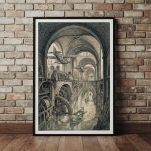 Sous des voûtes de pierre millénaire, une cité respire. Des voiles glissent sur un canal intérieur, des biplans frôlent les arcs de tuf, et d'immenses engrenages rythment une mécanique sans ciel. Ici, la machine est le monde, et le monde est une machine qui s'ignore.