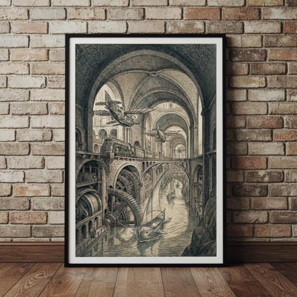 Sous des voûtes de pierre millénaire, une cité respire. Des voiles glissent sur un canal intérieur, des biplans frôlent les arcs de tuf, et d'immenses engrenages rythment une mécanique sans ciel. Ici, la machine est le monde, et le monde est une machine qui s'ignore.