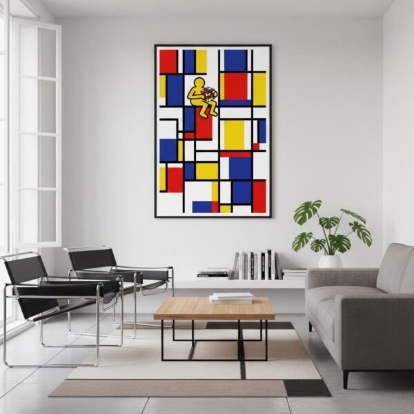 Imaginez un monde où la géométrie pure de l'abstraction rencontre soudainement l'énergie vibrante des rues de Manhattan. Une silhouette solitaire s'assoit sur une ligne d'horizon noire pour tenter de résoudre l'énigme d'un cube coloré. Dans ce labyrinthe de lignes et de couleurs primaires, chaque mouvement devient une danse poétique entre la raison et l'imaginaire.