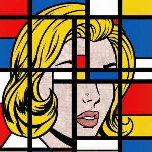 Imaginez un instant où la ligne de force de Mondrian rencontre le regard mélancolique d'une héroïne de papier. Dans ce labyrinthe de noir et de couleurs primaires, le visage s'efface pour devenir pure structure. C'est une invitation à redécouvrir l'ordre caché derrière l'émotion, un voyage chromatique au cœur de l'abstraction figurative.