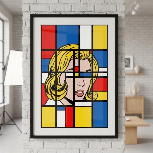 Imaginez un instant où la ligne de force de Mondrian rencontre le regard mélancolique d'une héroïne de papier. Dans ce labyrinthe de noir et de couleurs primaires, le visage s'efface pour devenir pure structure. C'est une invitation à redécouvrir l'ordre caché derrière l'émotion, un voyage chromatique au cœur de l'abstraction figurative.