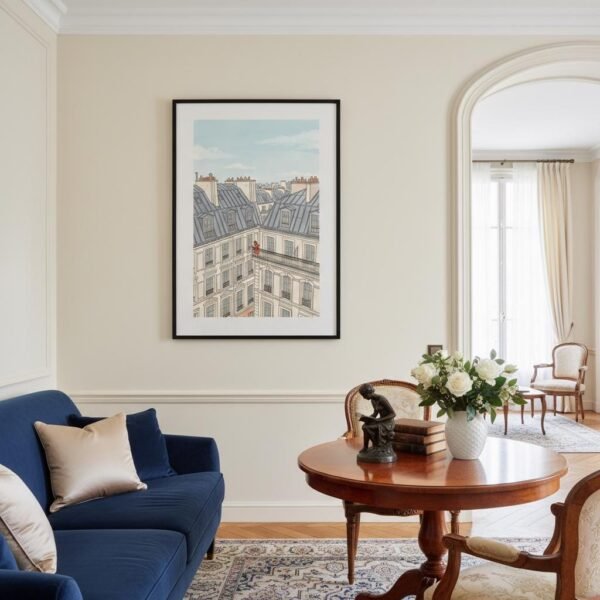 Perchée sur son balcon de pierre au-dessus du tumulte de Paris, une silhouette écarlate s’évade à travers les pages d'un livre. Entre les toits de zinc et l'horizon pâle, le temps semble s'être arrêté pour cette lectrice solitaire. Plongez dans cette parenthèse suspendue où l'architecture monumentale devient l'écrin d'une pensée secrète et poétique.