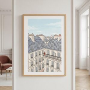 Perchée sur son balcon de pierre au-dessus du tumulte de Paris, une silhouette écarlate s’évade à travers les pages d'un livre. Entre les toits de zinc et l'horizon pâle, le temps semble s'être arrêté pour cette lectrice solitaire. Plongez dans cette parenthèse suspendue où l'architecture monumentale devient l'écrin d'une pensée secrète et poétique.