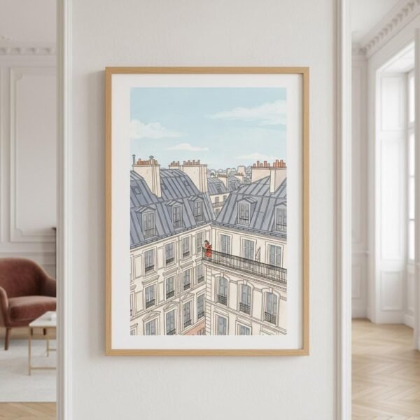 Perchée sur son balcon de pierre au-dessus du tumulte de Paris, une silhouette écarlate s’évade à travers les pages d'un livre. Entre les toits de zinc et l'horizon pâle, le temps semble s'être arrêté pour cette lectrice solitaire. Plongez dans cette parenthèse suspendue où l'architecture monumentale devient l'écrin d'une pensée secrète et poétique.