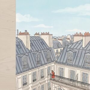 Perchée sur son balcon de pierre au-dessus du tumulte de Paris, une silhouette écarlate s’évade à travers les pages d'un livre. Entre les toits de zinc et l'horizon pâle, le temps semble s'être arrêté pour cette lectrice solitaire. Plongez dans cette parenthèse suspendue où l'architecture monumentale devient l'écrin d'une pensée secrète et poétique.