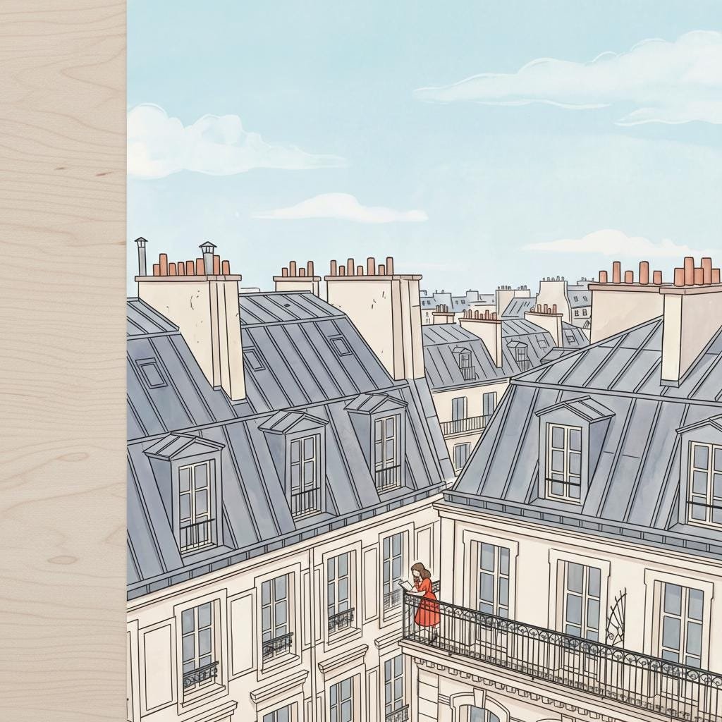 Perchée sur son balcon de pierre au-dessus du tumulte de Paris, une silhouette écarlate s’évade à travers les pages d