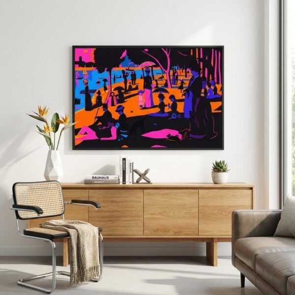 Sous un ciel de néon, les promeneurs de la Seine se figent dans une éternité de couleurs électriques. Imaginez un dimanche à Paris où le temps s'arrête, transformant chaque silhouette en une estampe mystérieuse. Entre tradition et modernité, cette scène invite à une déambulation onirique au cœur d'un jardin de lumière artificielle et de formes audacieuses.