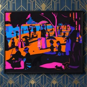 Sous un ciel de néon, les promeneurs de la Seine se figent dans une éternité de couleurs électriques. Imaginez un dimanche à Paris où le temps s'arrête, transformant chaque silhouette en une estampe mystérieuse. Entre tradition et modernité, cette scène invite à une déambulation onirique au cœur d'un jardin de lumière artificielle et de formes audacieuses.