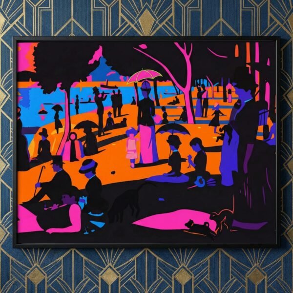 Sous un ciel de néon, les promeneurs de la Seine se figent dans une éternité de couleurs électriques. Imaginez un dimanche à Paris où le temps s'arrête, transformant chaque silhouette en une estampe mystérieuse. Entre tradition et modernité, cette scène invite à une déambulation onirique au cœur d'un jardin de lumière artificielle et de formes audacieuses.