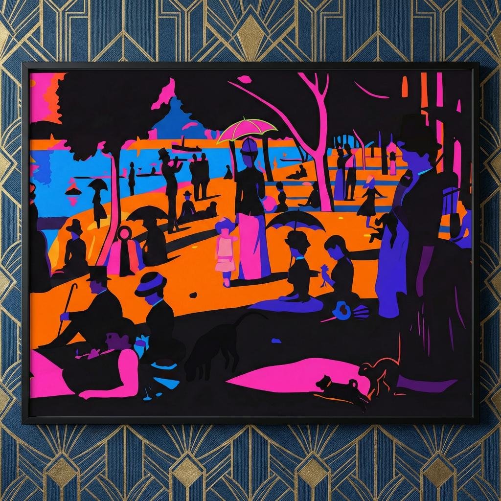 Sous un ciel de néon, les promeneurs de la Seine se figent dans une éternité de couleurs électriques. Imaginez un dimanche à Paris où le temps s