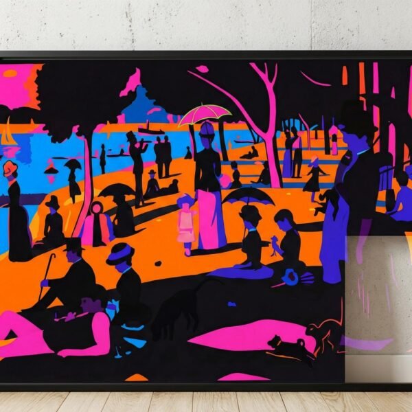 Sous un ciel de néon, les promeneurs de la Seine se figent dans une éternité de couleurs électriques. Imaginez un dimanche à Paris où le temps s'arrête, transformant chaque silhouette en une estampe mystérieuse. Entre tradition et modernité, cette scène invite à une déambulation onirique au cœur d'un jardin de lumière artificielle et de formes audacieuses.