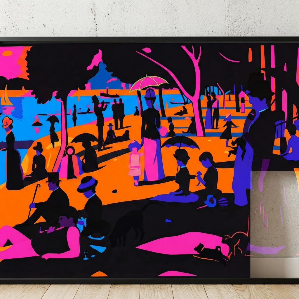 Sous un ciel de néon, les promeneurs de la Seine se figent dans une éternité de couleurs électriques. Imaginez un dimanche à Paris où le temps s