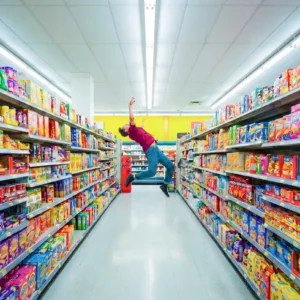 Photographie d'homme en lévitation supermarché