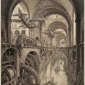 Gravure cité souterraine steampunk encre sépia