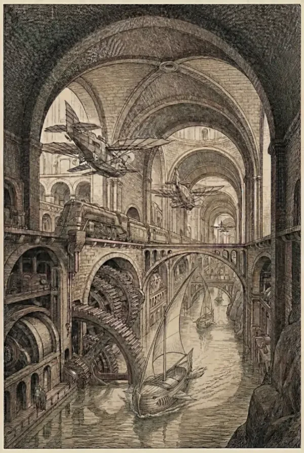 Gravure cité souterraine steampunk encre sépia